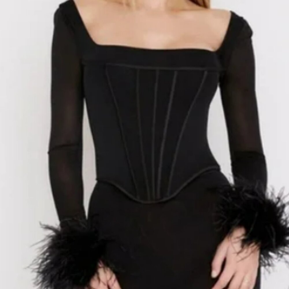 House of CB Stella Feather Trim Black Corset Top - Size XL